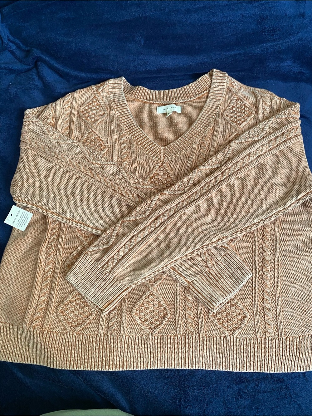 Cleo + Wolf Cable Knit V Neck Sweater XL Tan NWT